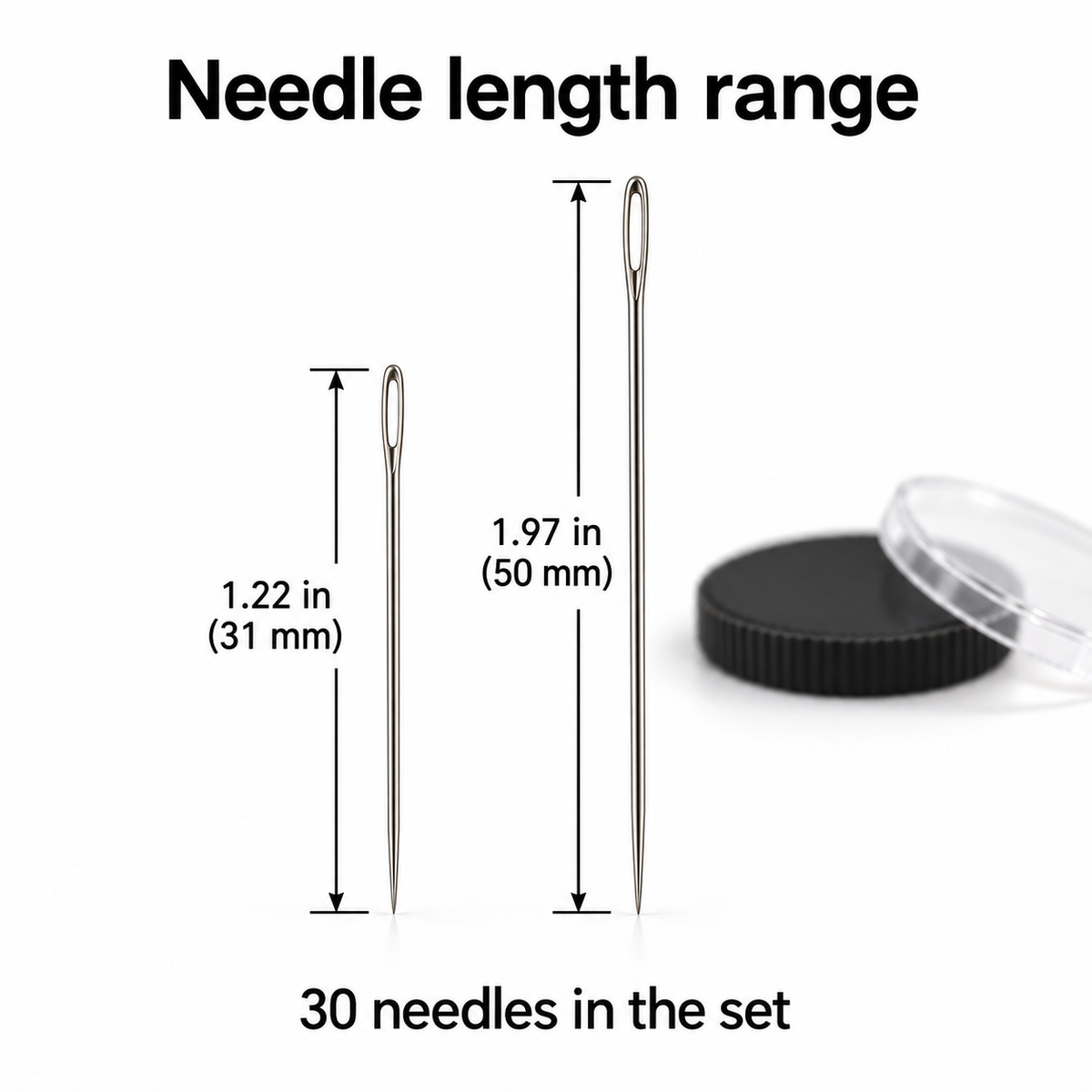 Assorted Hand Sewing Needles in Round Case, 30 Pieces — size information