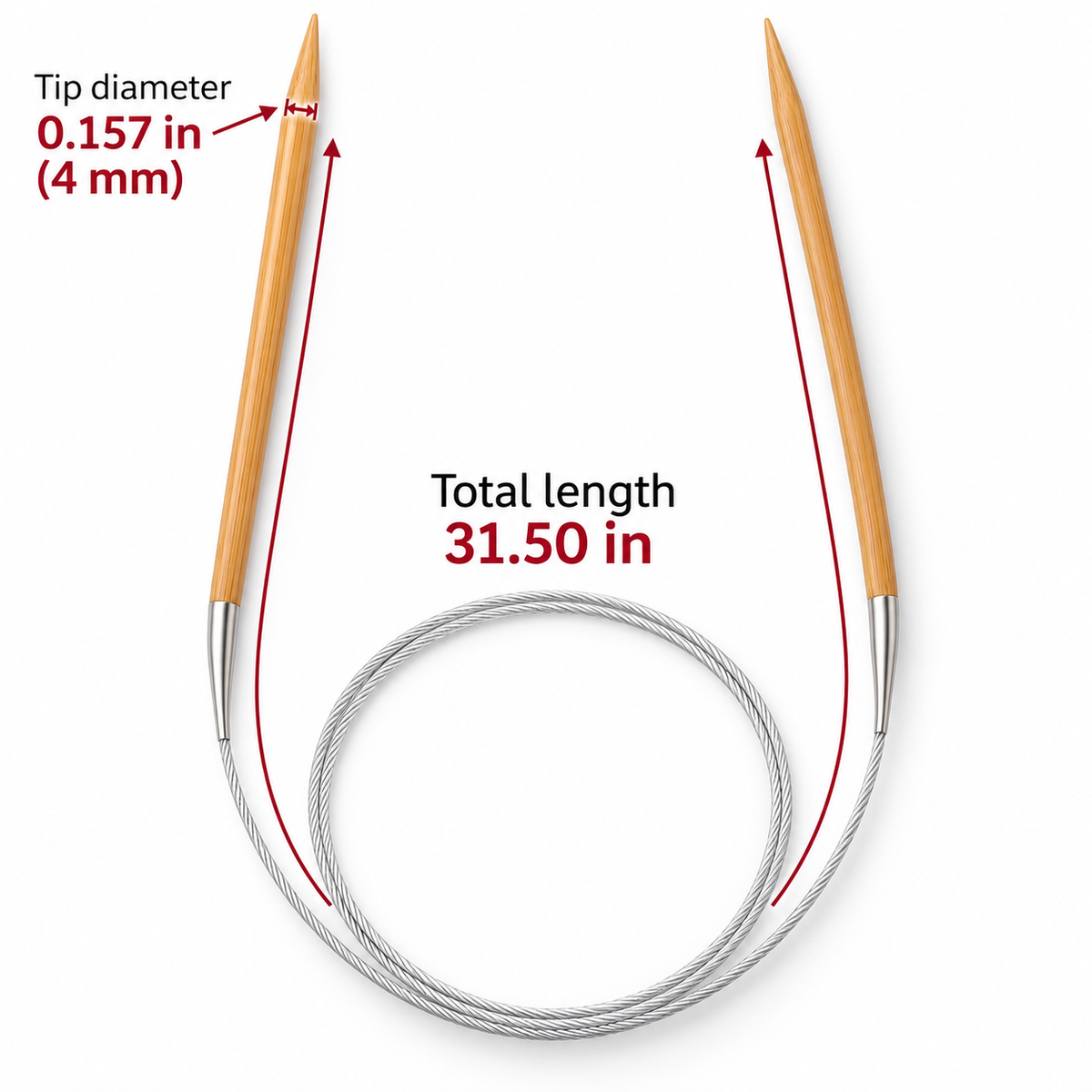 Bamboo Circular Knitting Needles, 4 mm, 80 cm — size information