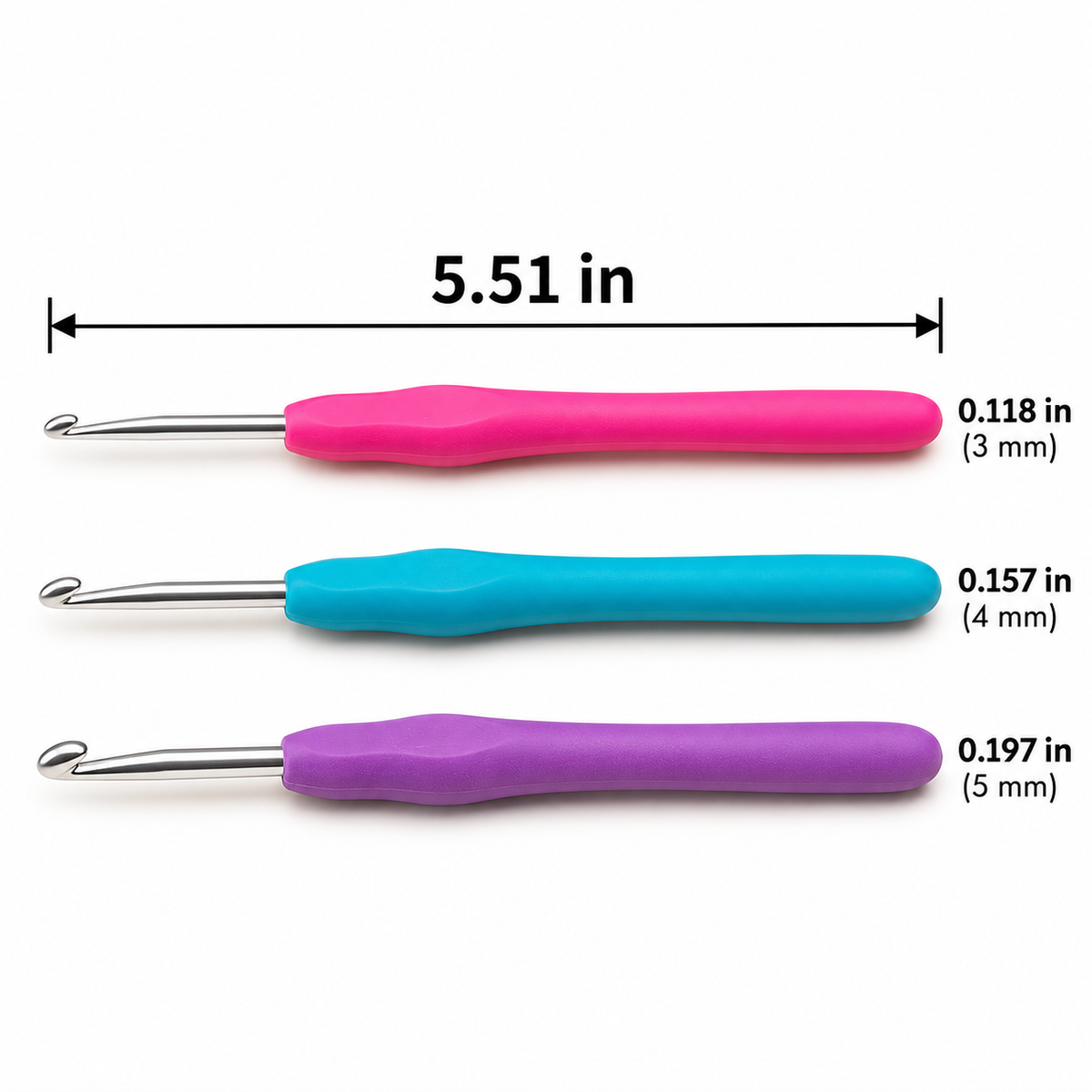 Soft-Grip Crochet Hooks, 3 mm, 4 mm and 5 mm — size information