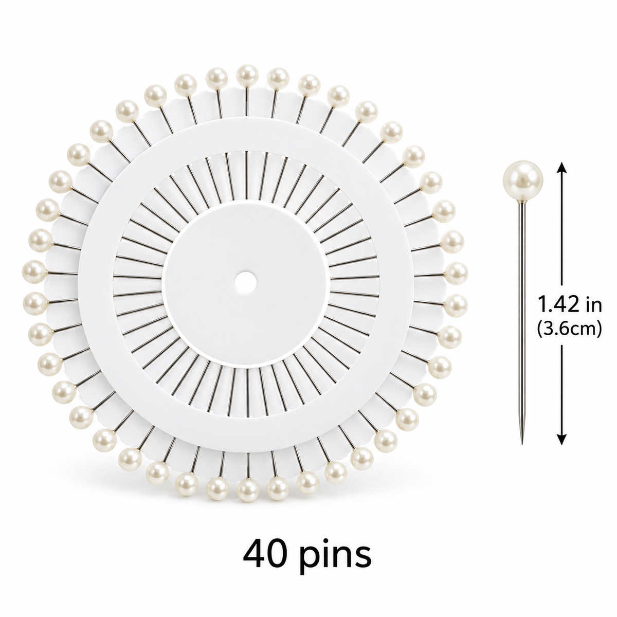 White Pearl-Head Sewing Pins in Wheel, 40 Pieces — size information