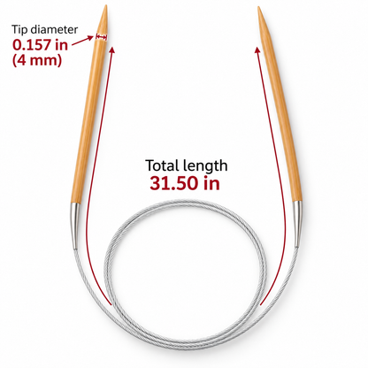 Bamboo Circular Knitting Needles, 4 mm, 80 cm — size information